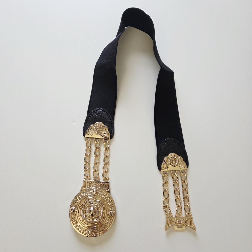 Stretchy black belt with gold buckle and chain decor - Picture 8 of 8